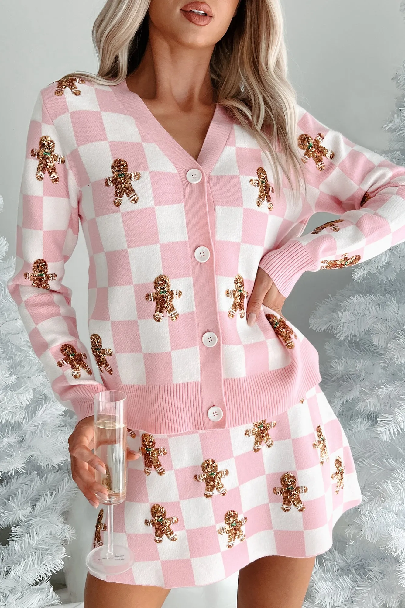 Not Cookie Cutter Sequin Gingerbread Man Checker Cardigan (White/Pink)