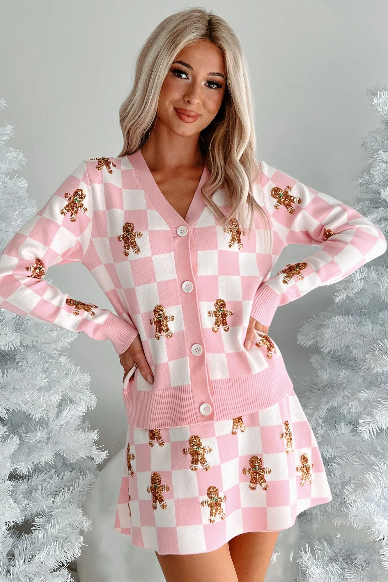 Not Cookie Cutter Sequin Gingerbread Man Checker Cardigan (White/Pink)