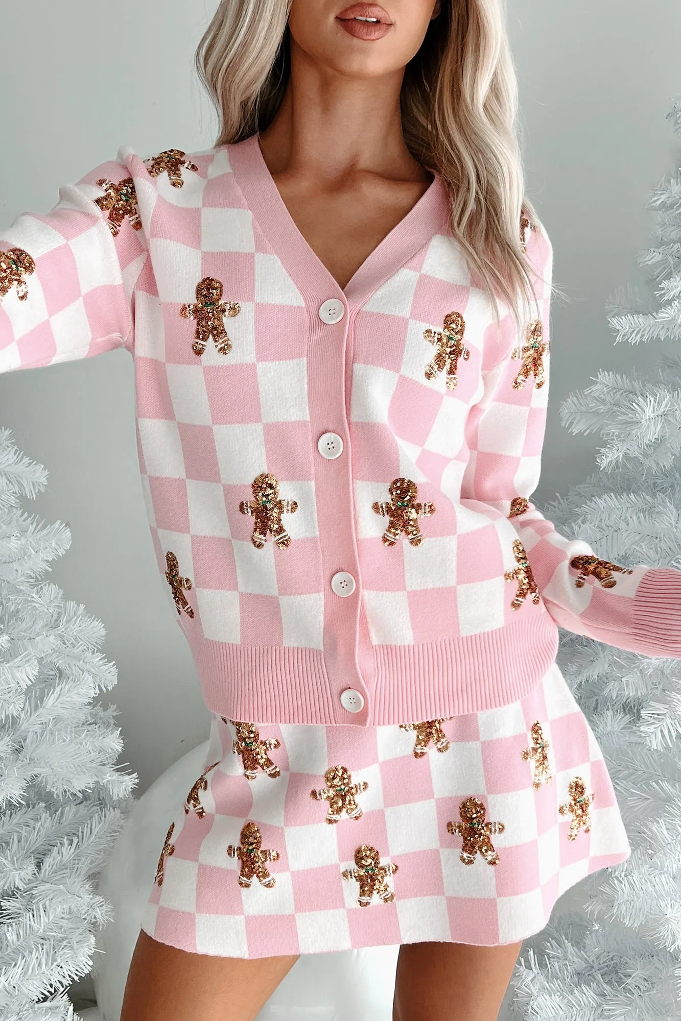 Not Cookie Cutter Sequin Gingerbread Man Checker Cardigan (White/Pink)