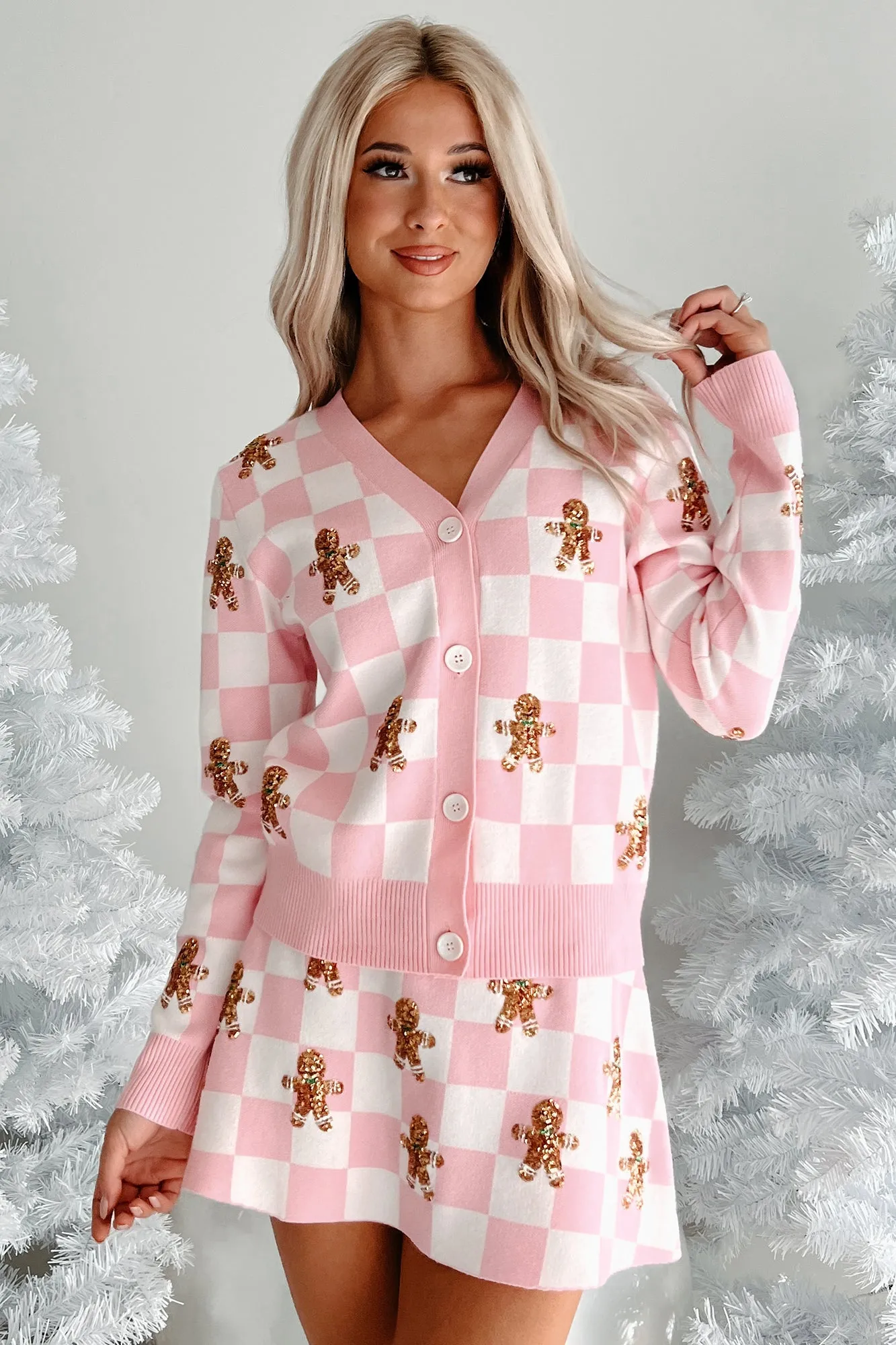 Not Cookie Cutter Sequin Gingerbread Man Checker Cardigan (White/Pink)