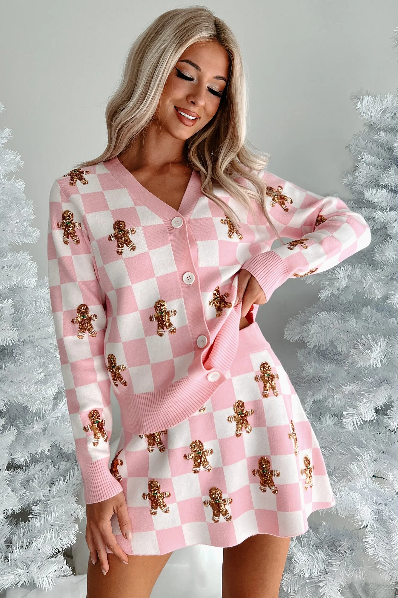 Not Cookie Cutter Sequin Gingerbread Man Checker Cardigan (White/Pink)