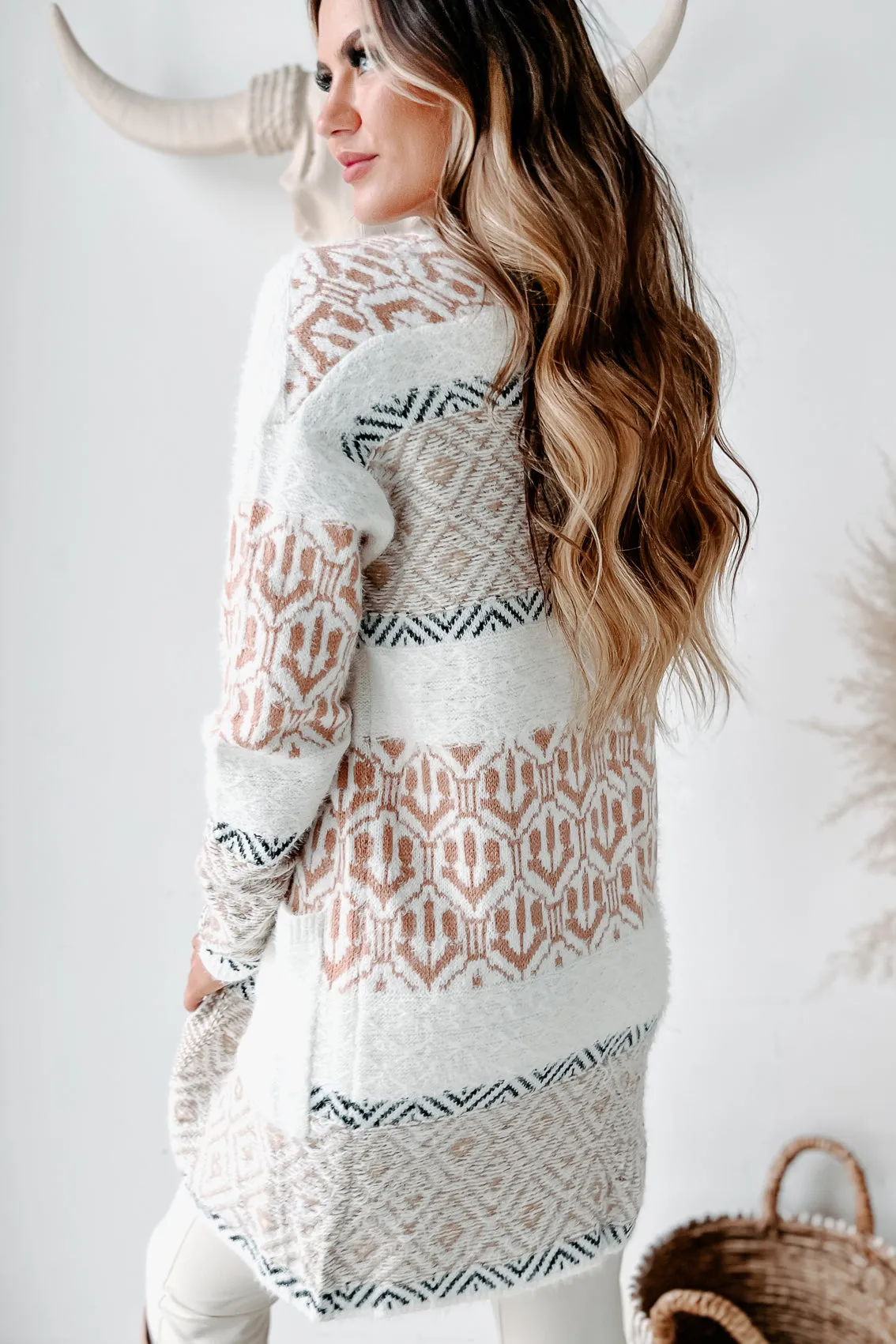 Not Looking Away Patterned Open Front Cardigan (Off White/Taupe)