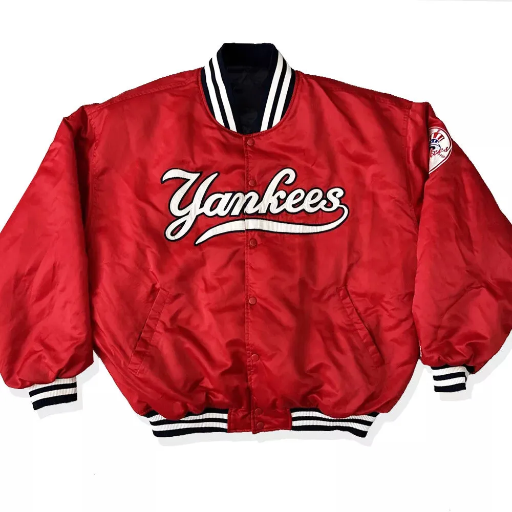 NY Yankees Vintage 90s Athletic Jacket RED Satin Bomber Style Varsity Jacket