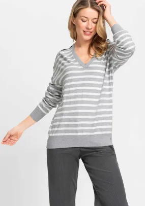 Olsen Cora Striped Sweater, Grey and White