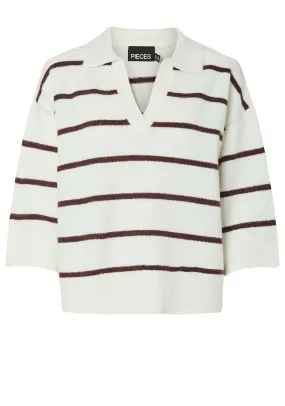 Pieces Mikela Striped V Neck Sweater, White and Burgundy