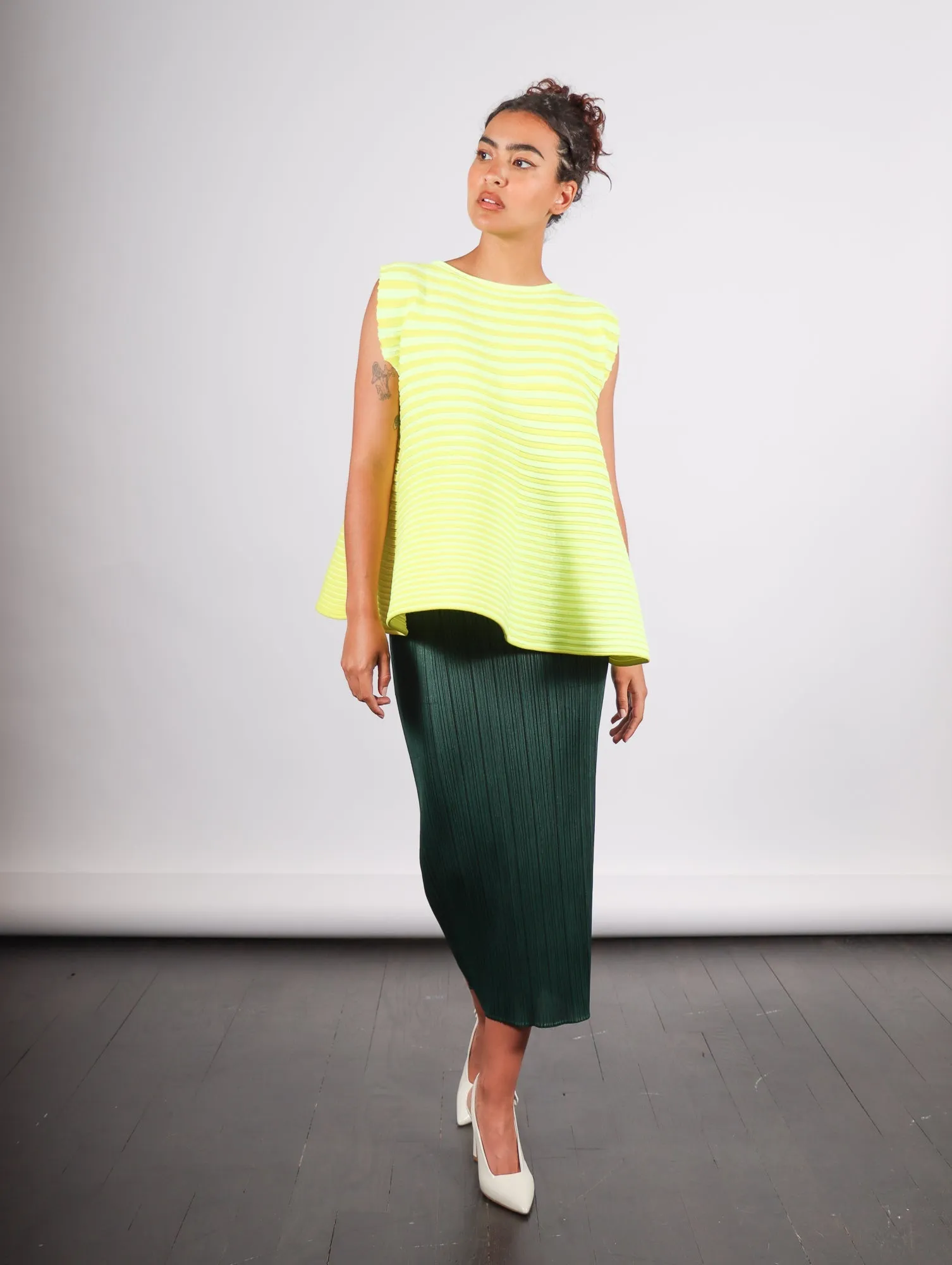 Pleats Please Issey Miyake Bounce Knit Sleeveless Top in Lemon Yellow by Pleats Please Issey Miyake