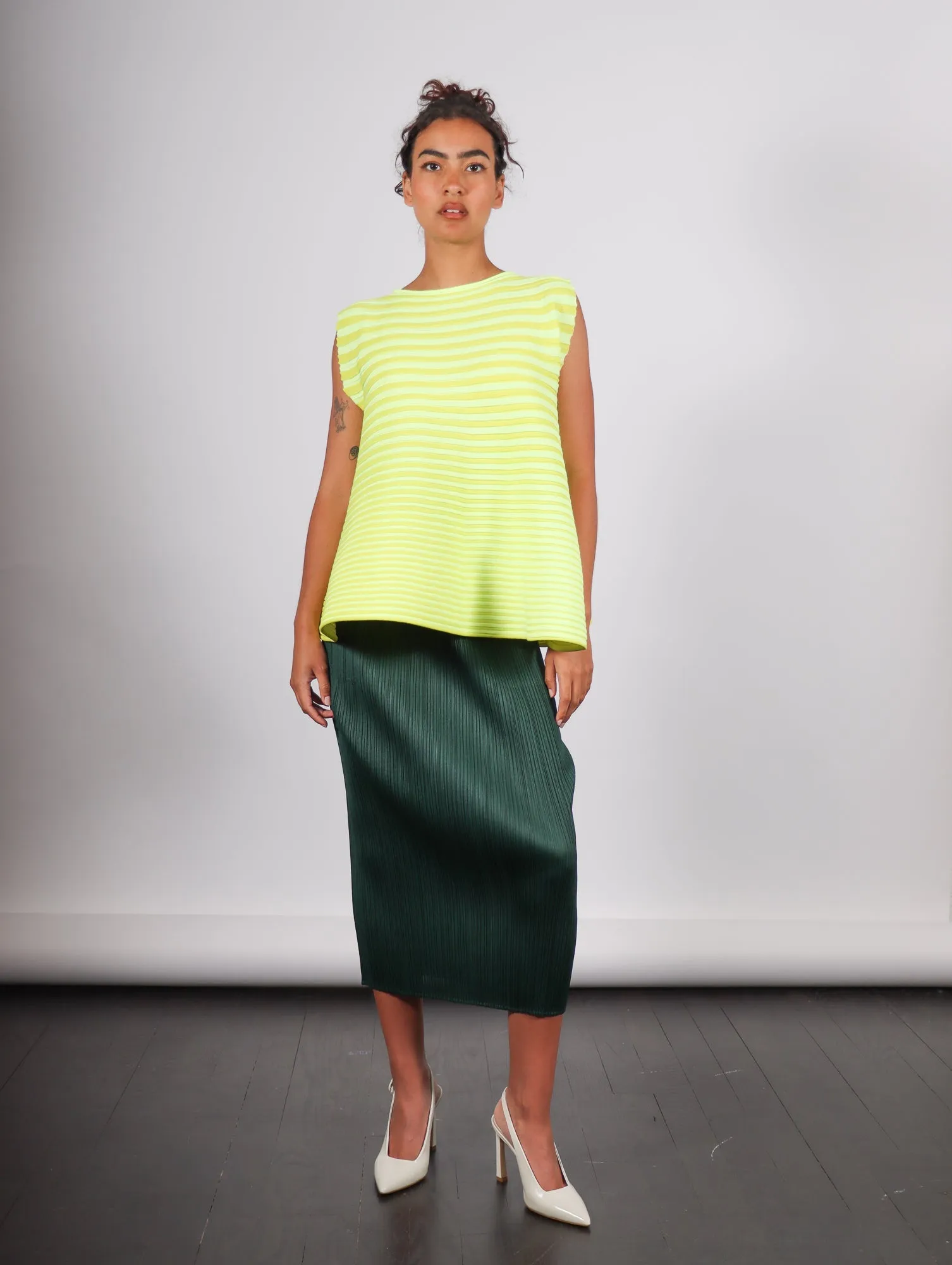 Pleats Please Issey Miyake Bounce Knit Sleeveless Top in Lemon Yellow by Pleats Please Issey Miyake