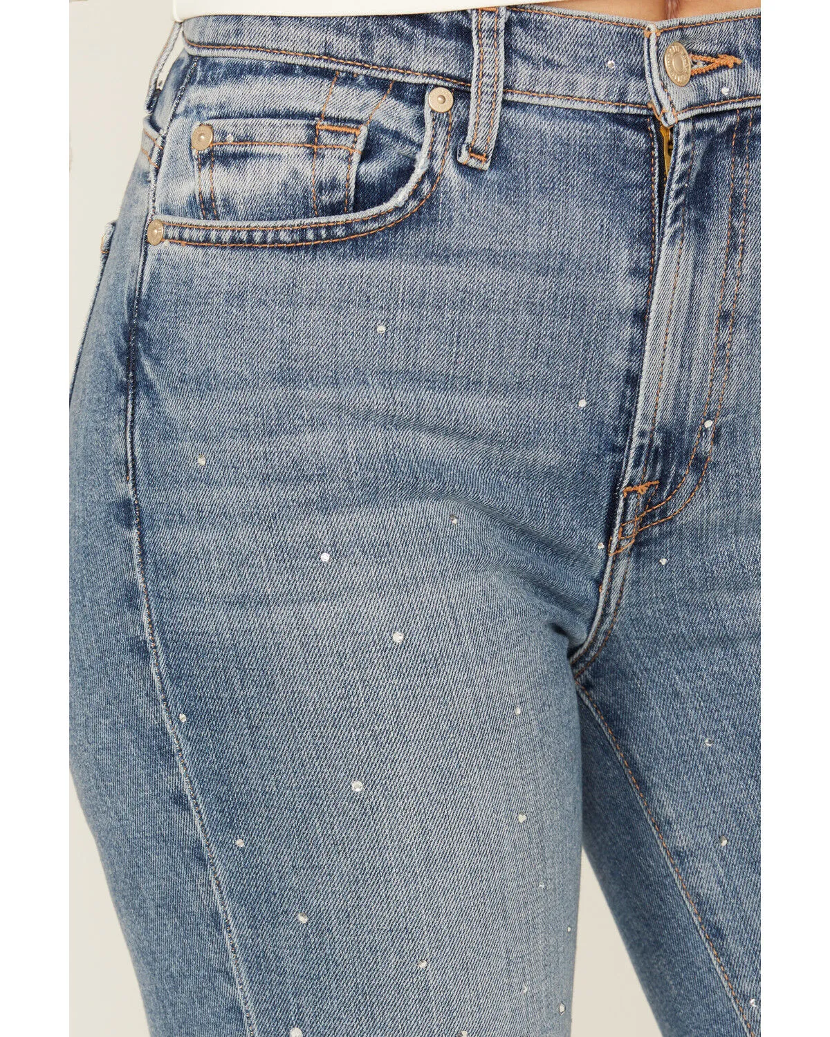 Product Name:  7 For All Mankind Women's Medium Wash Logan Stovepipe High Rise Crystal Cropped Stretch Straight Jeans