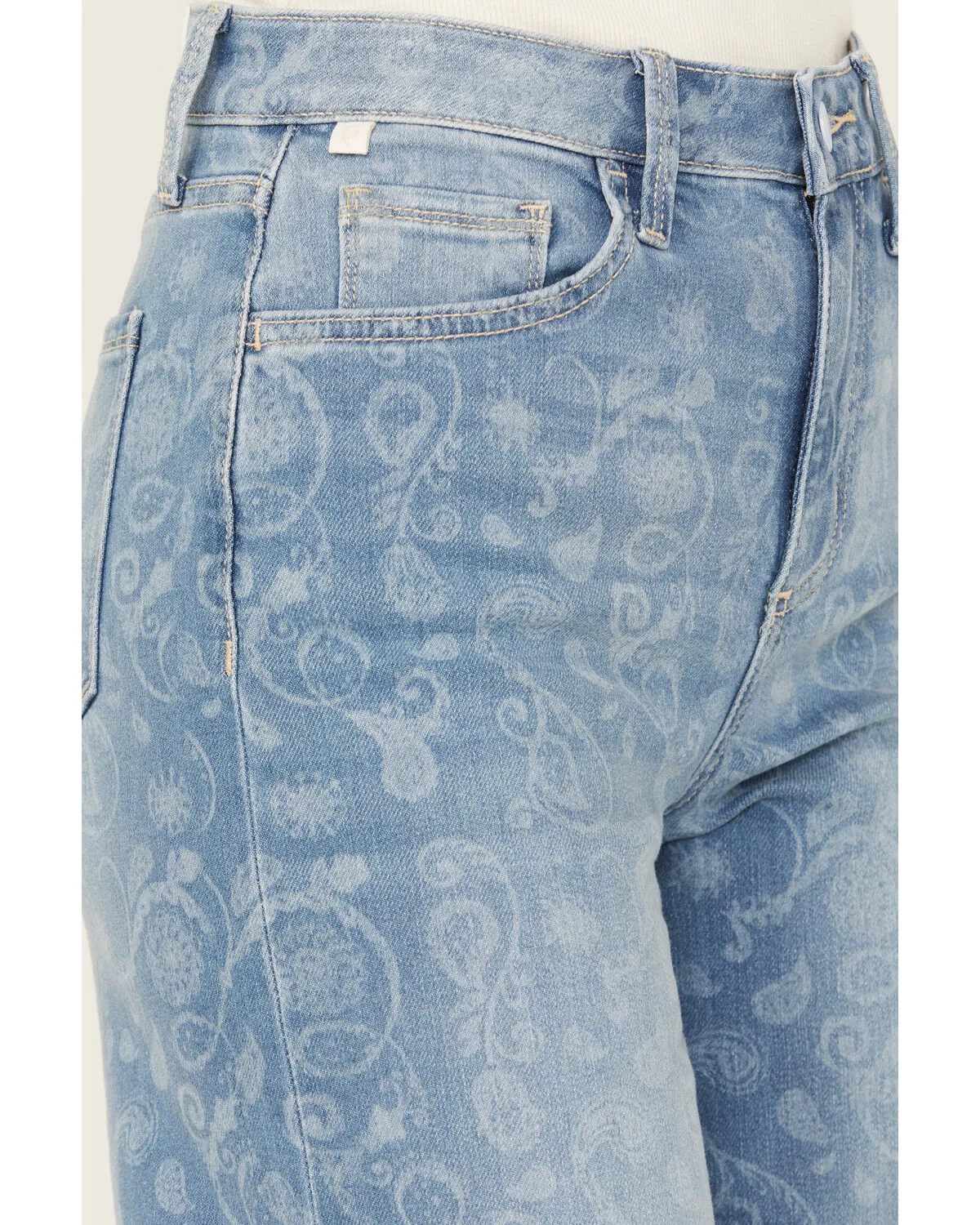 Product Name:  Ceros Women's Medium Wash High Rise Paisley Printed Wide Leg Straight Stretch Jeans