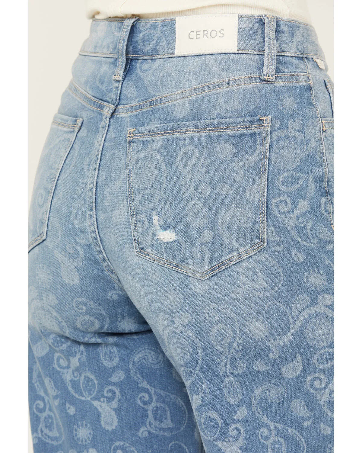 Product Name:  Ceros Women's Medium Wash High Rise Paisley Printed Wide Leg Straight Stretch Jeans