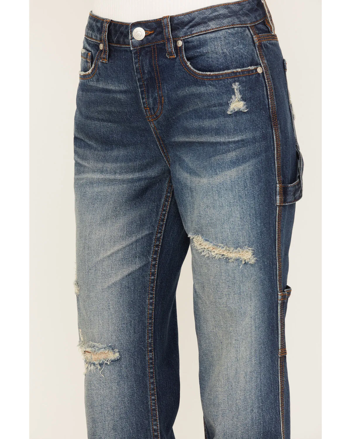 Product Name:  Cleo + Wolf Women's Medium Wash Mid Rise Distressed Cargo Straight Jeans