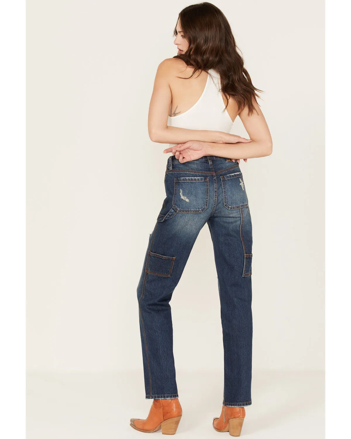 Product Name:  Cleo + Wolf Women's Medium Wash Mid Rise Distressed Cargo Straight Jeans