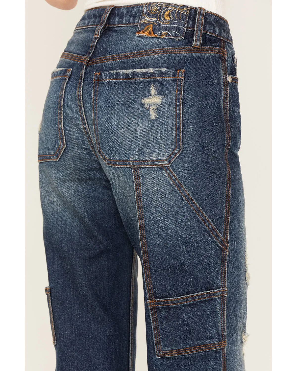 Product Name:  Cleo + Wolf Women's Medium Wash Mid Rise Distressed Cargo Straight Jeans