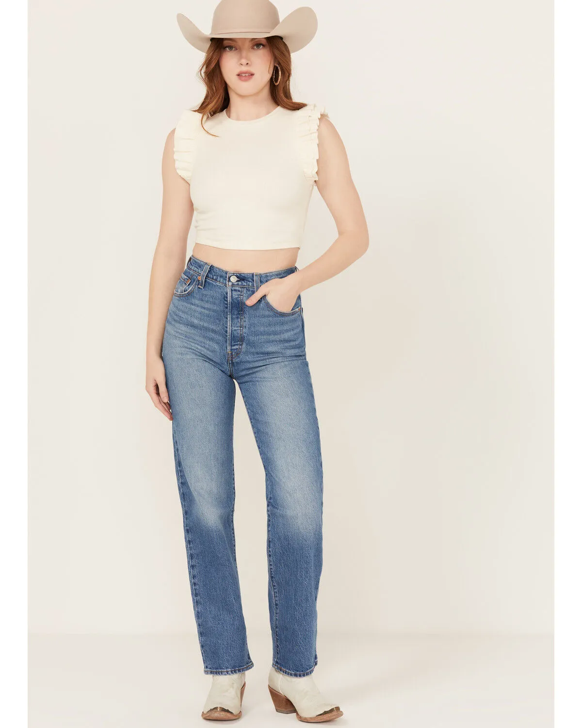 Product Name:  Levi's Premium Women's Dance Around Medium Wash High Rise Ribcage Straight Stretch Denim Jeans