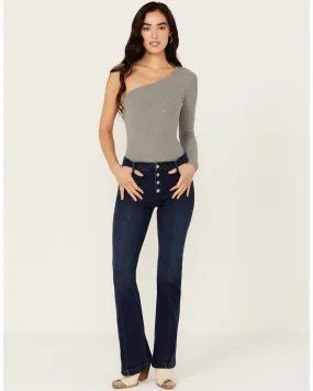 Product Name:  Sneak Peek Women's Dark Wash Mid Rise Exposed Button-Fly Stretch Trouser Jeans