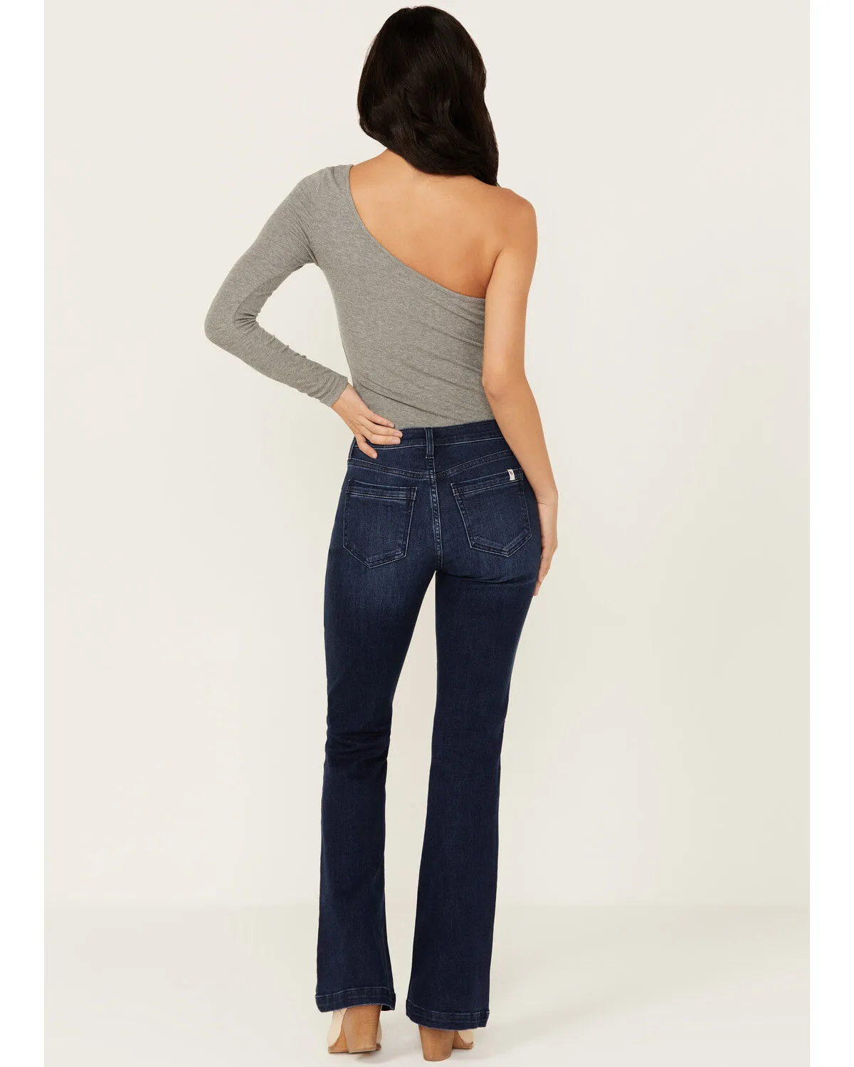 Product Name:  Sneak Peek Women's Dark Wash Mid Rise Exposed Button-Fly Stretch Trouser Jeans