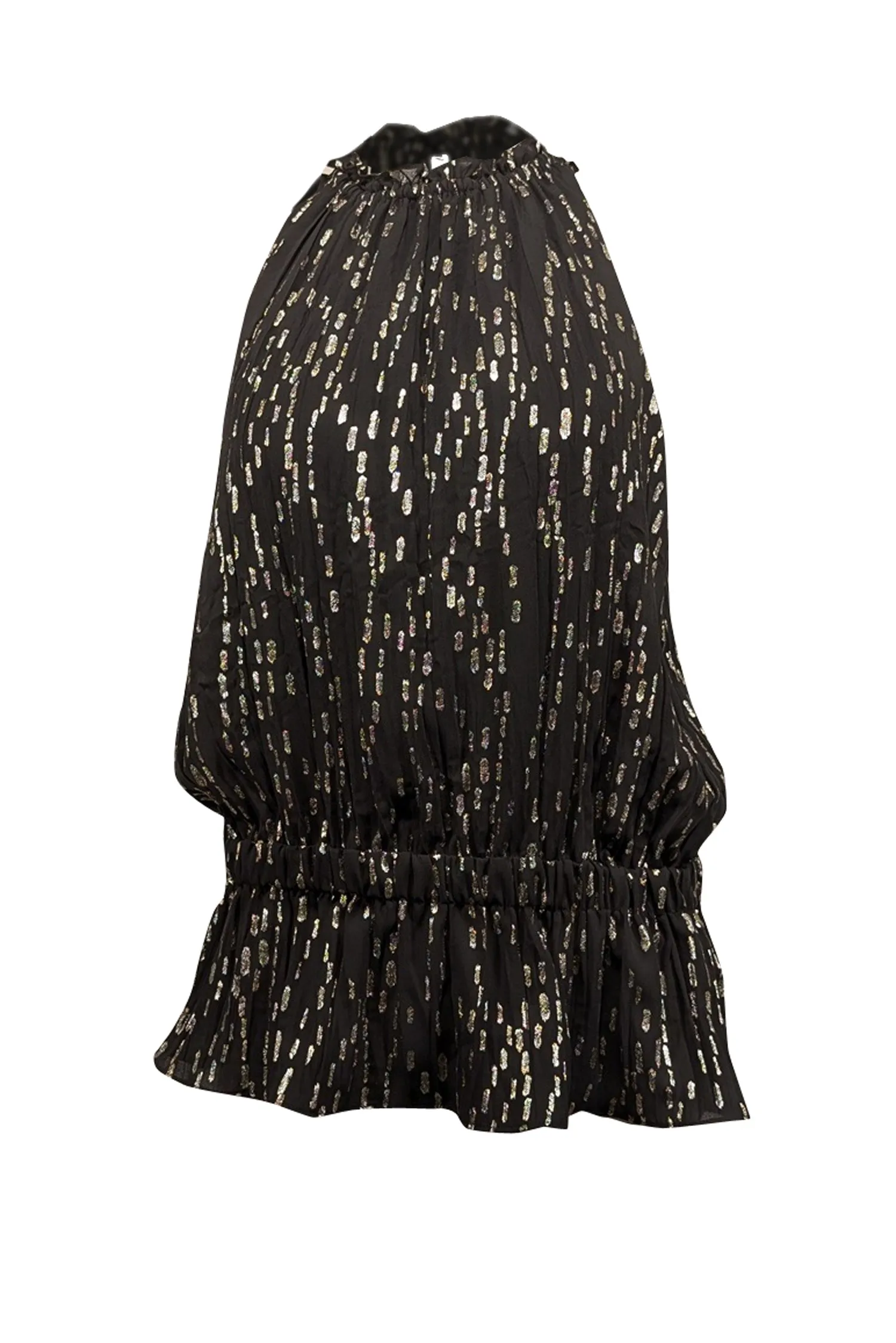 Ramy Brook - Black & Gold Metallic Print Sleeveless Smocked Waist Top Sz L