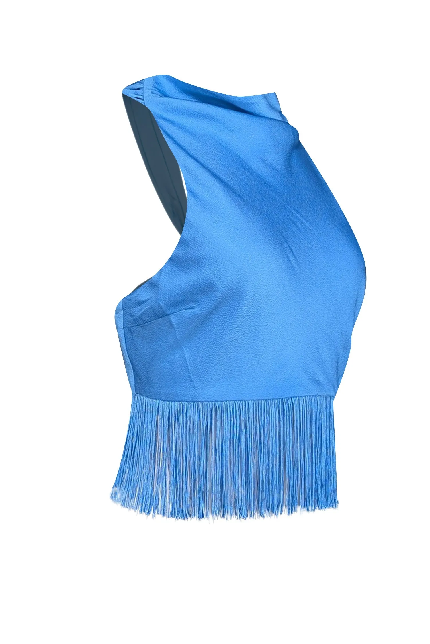 Saylor - Blue Satin High Neck Sleeveless Top w/ Fringe Trim Sz M