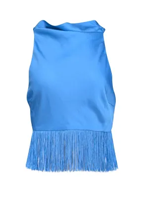 Saylor - Blue Satin High Neck Sleeveless Top w/ Fringe Trim Sz M