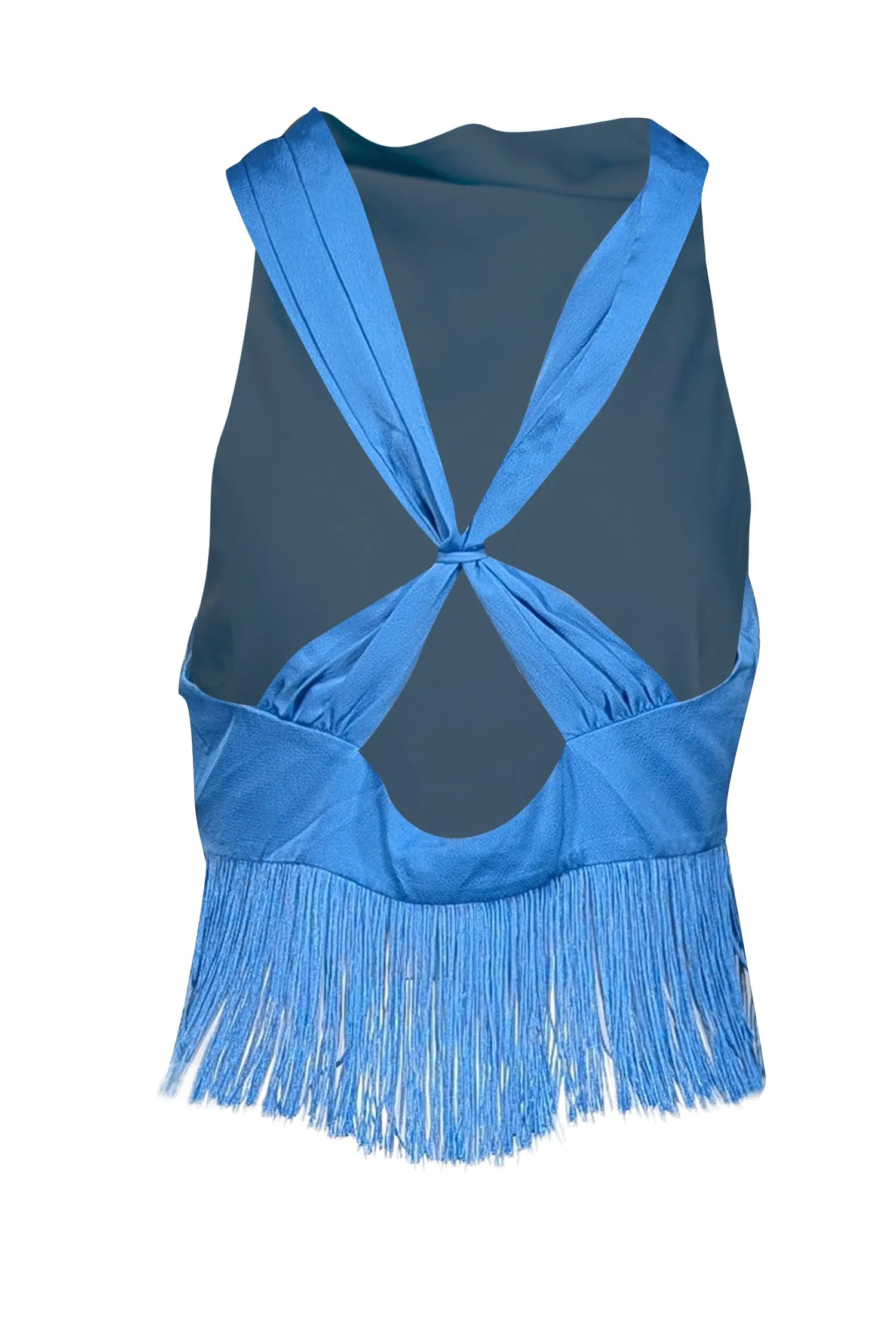 Saylor - Blue Satin High Neck Sleeveless Top w/ Fringe Trim Sz M