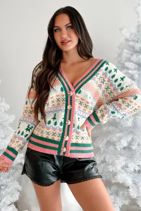 Seasonal Cheer Button Front Holiday Print Cardigan (Multi)