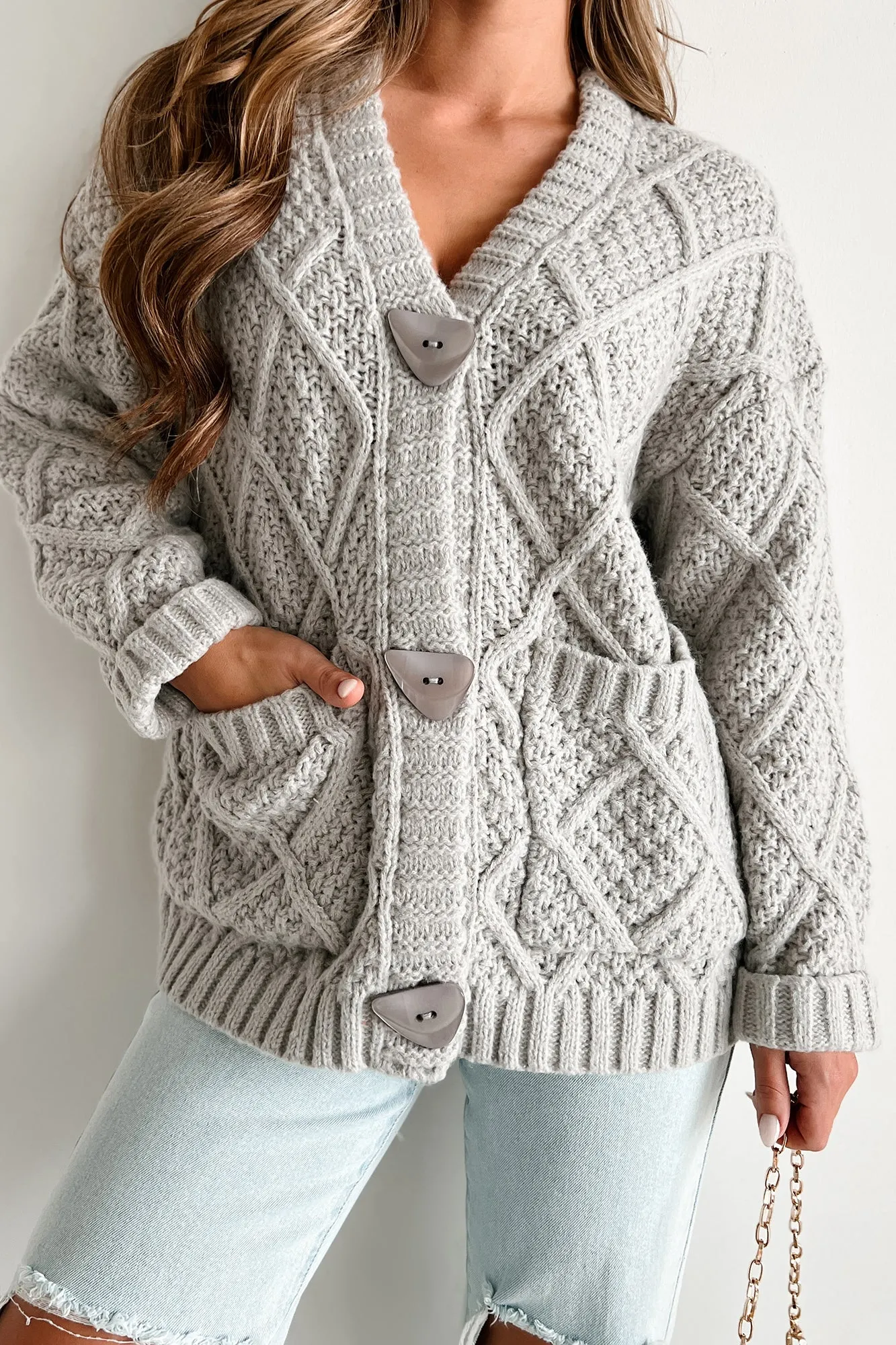 Seasonal Snuggles Chunky Knit Triangle Button Cardigan (Grey)