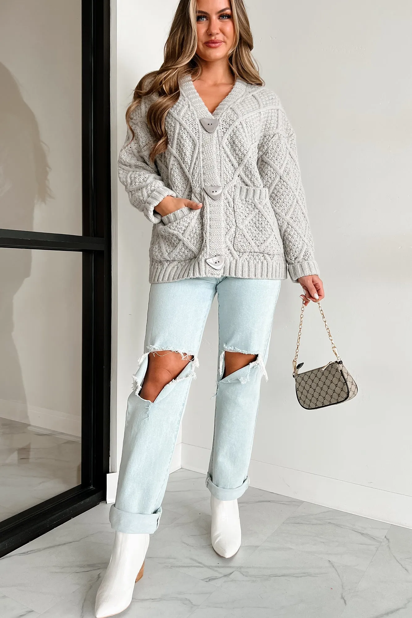 Seasonal Snuggles Chunky Knit Triangle Button Cardigan (Grey)