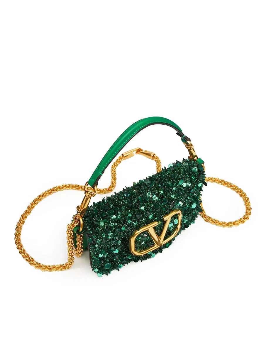 Small Loco Shoulder Bag with 3D Embroidery in Antique Green