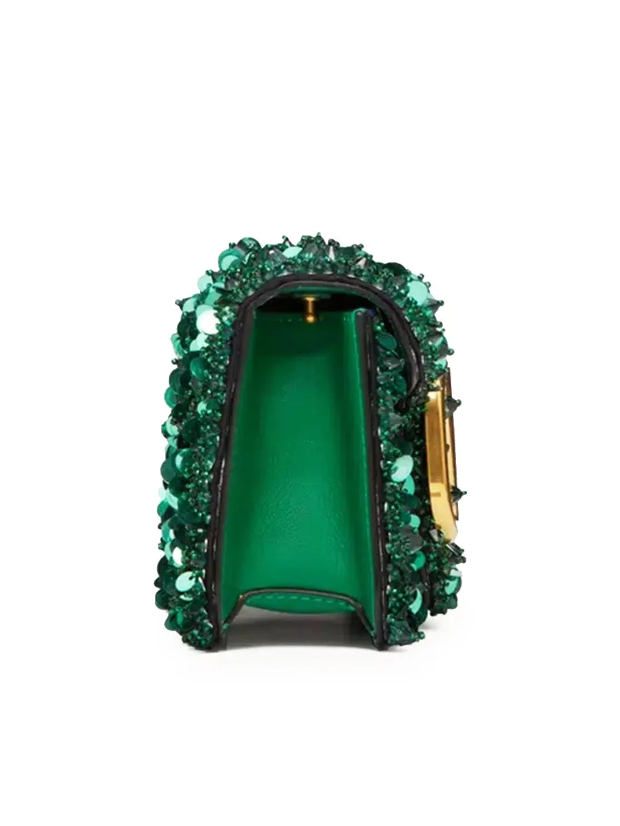 Small Loco Shoulder Bag with 3D Embroidery in Antique Green