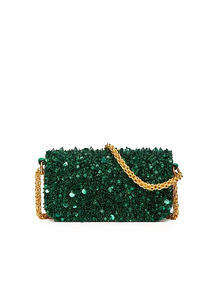 Small Loco Shoulder Bag with 3D Embroidery in Antique Green