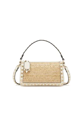 Small Rockstud Shoulder Bag Boucle Raffia in Ivory