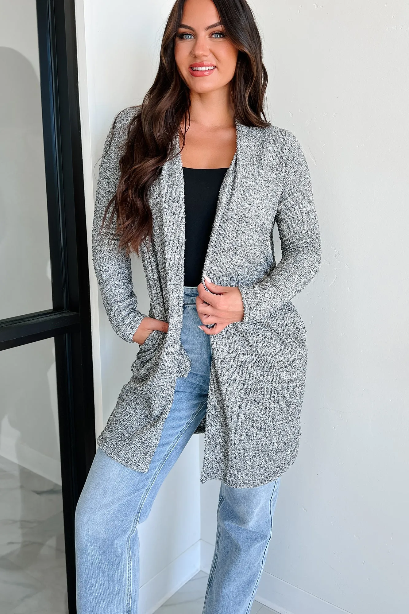 Snuggly Sundays Textured Knit Cardigan (2 Tone Black)