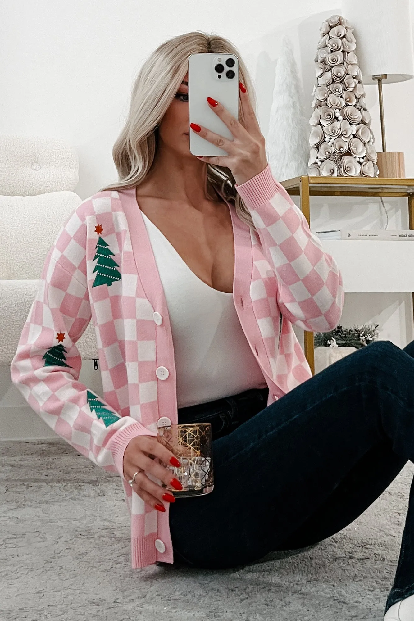 Some Christmas Sparkle Checkered Christmas Tree Cardigan (White/Pink)