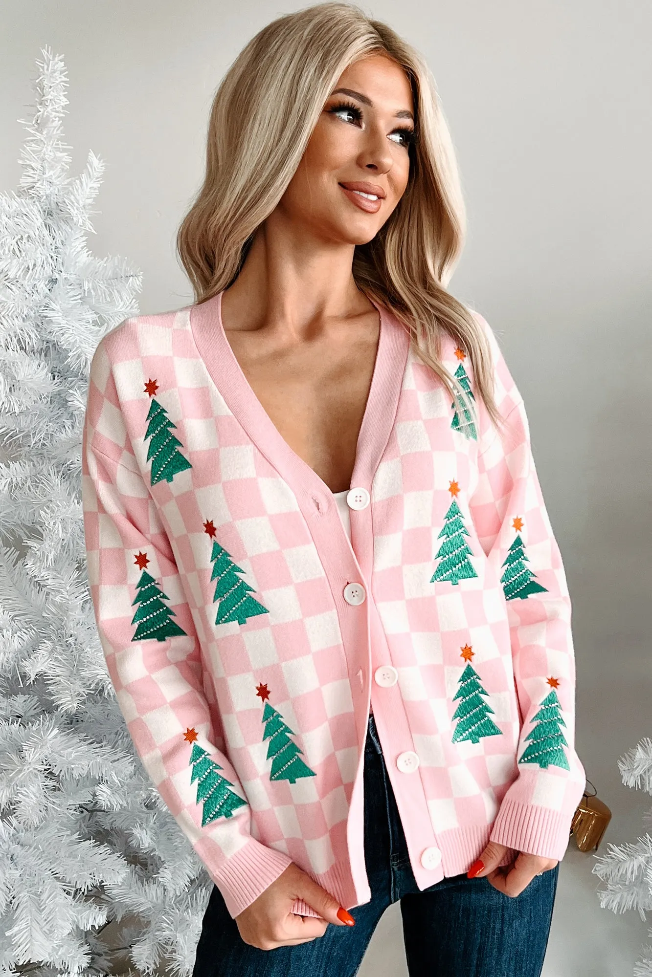 Some Christmas Sparkle Checkered Christmas Tree Cardigan (White/Pink)