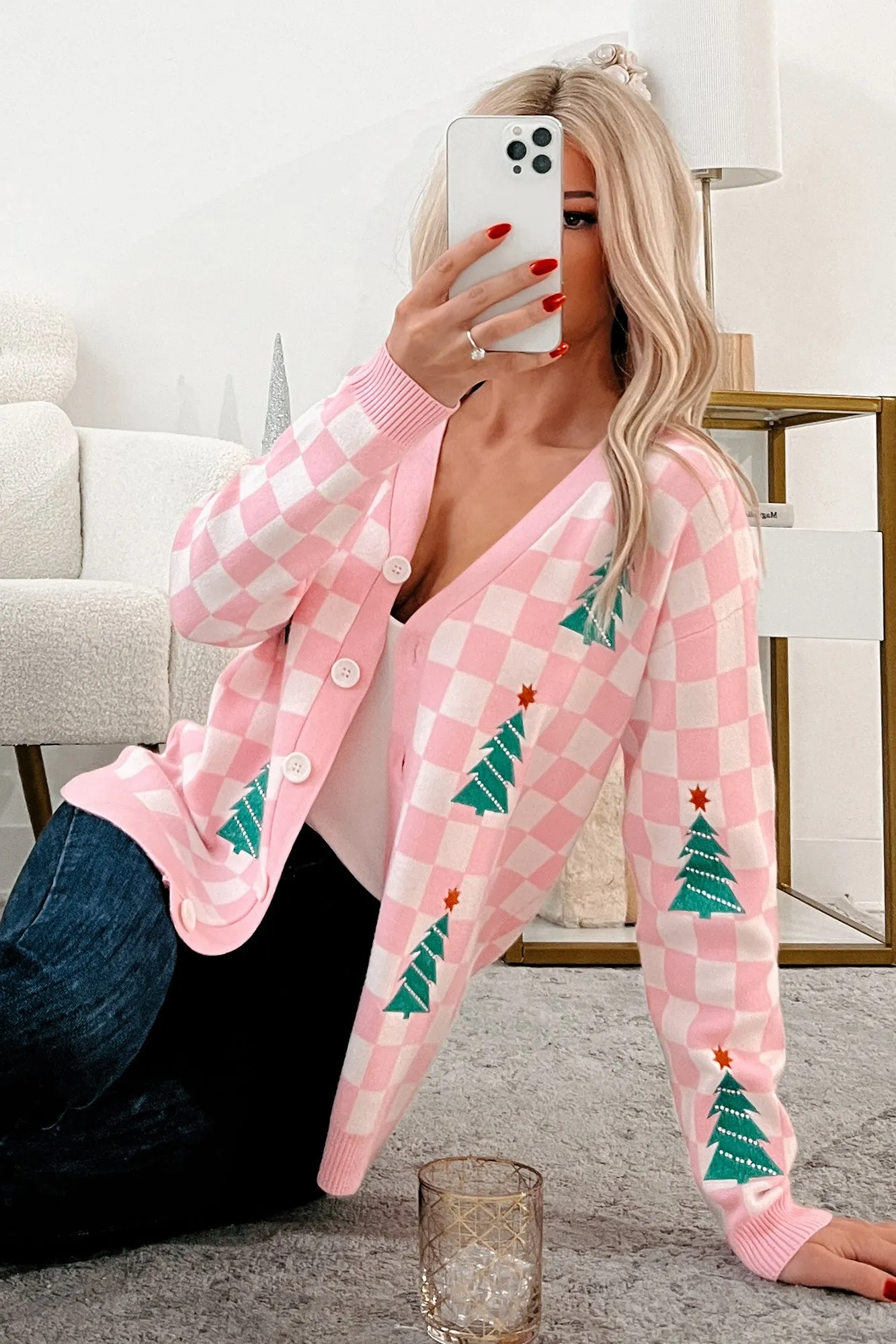 Some Christmas Sparkle Checkered Christmas Tree Cardigan (White/Pink)