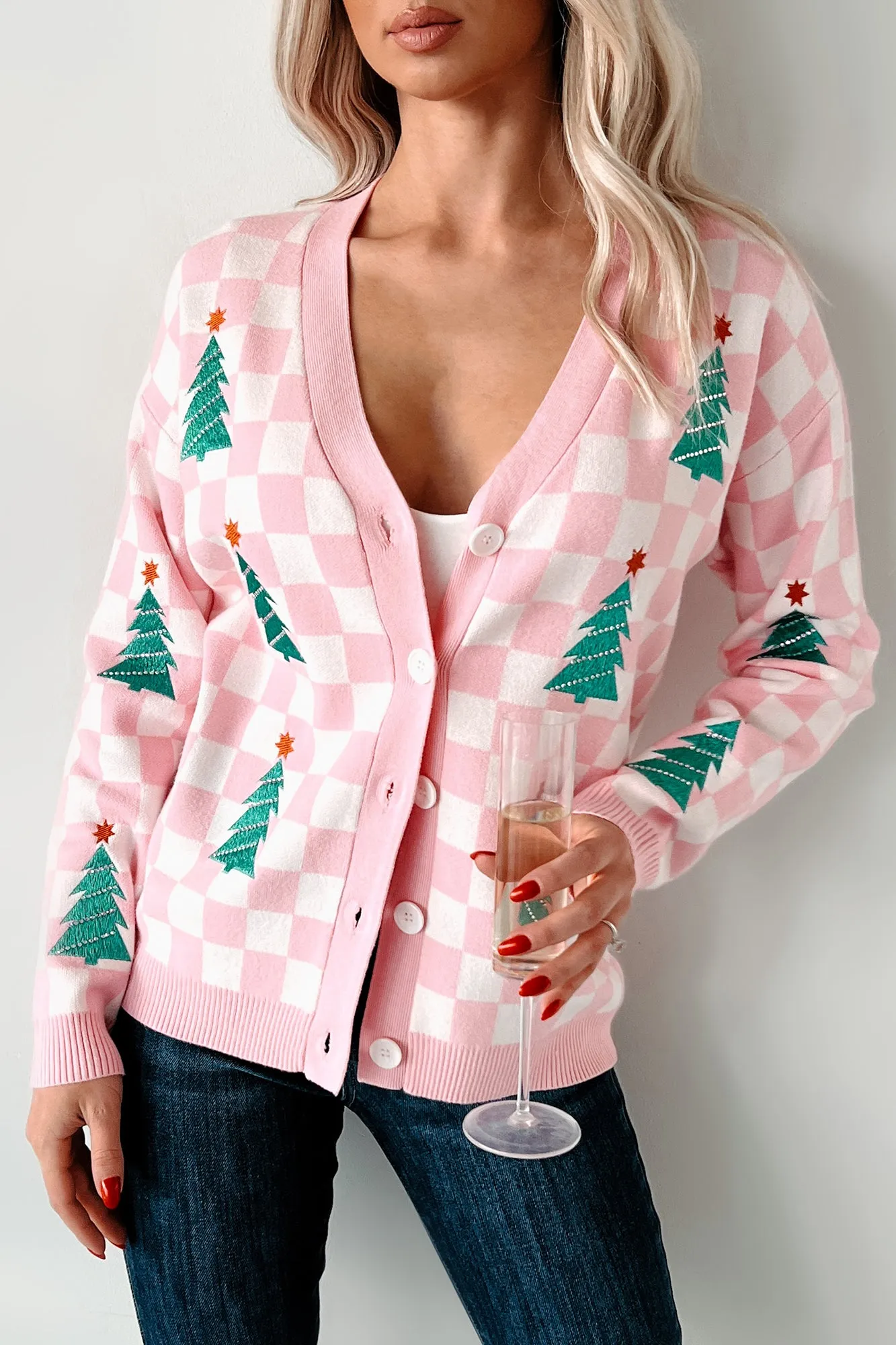 Some Christmas Sparkle Checkered Christmas Tree Cardigan (White/Pink)