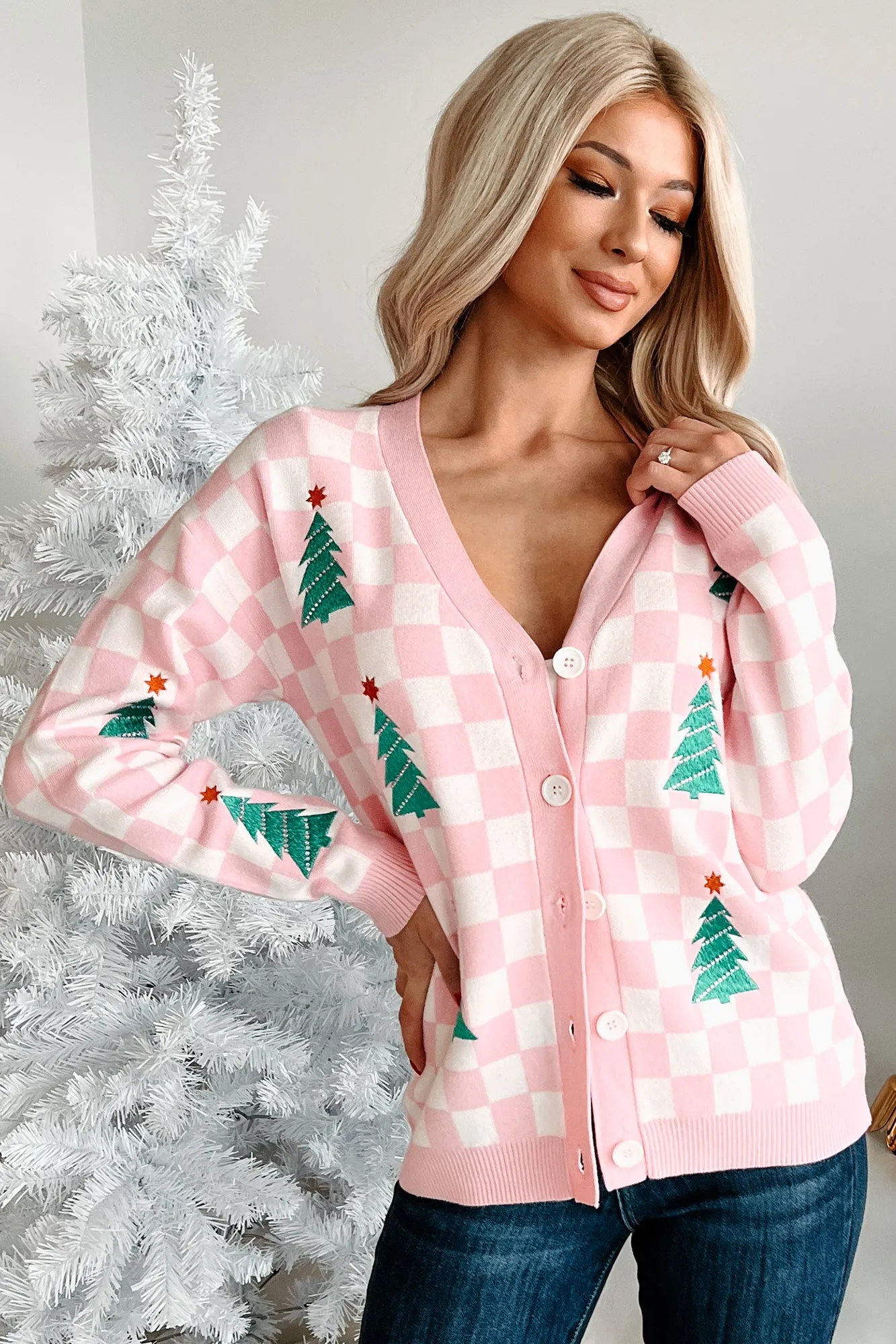 Some Christmas Sparkle Checkered Christmas Tree Cardigan (White/Pink)