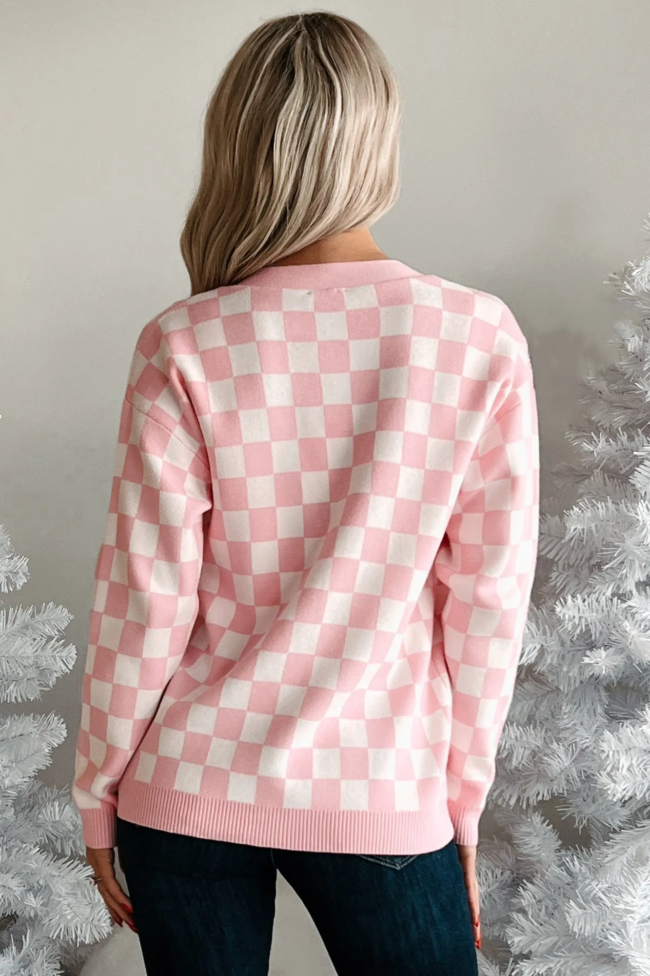 Some Christmas Sparkle Checkered Christmas Tree Cardigan (White/Pink)