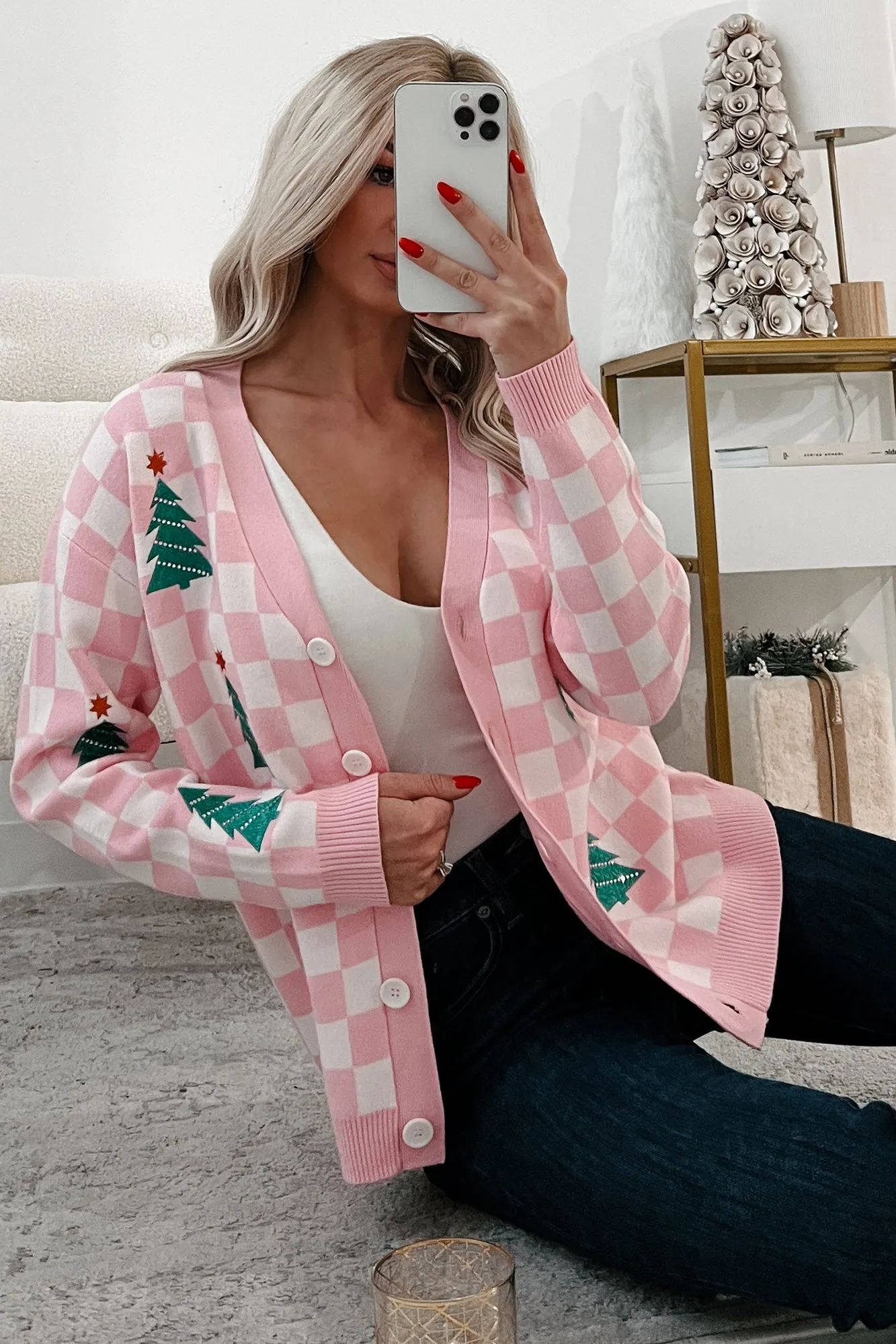 Some Christmas Sparkle Checkered Christmas Tree Cardigan (White/Pink)