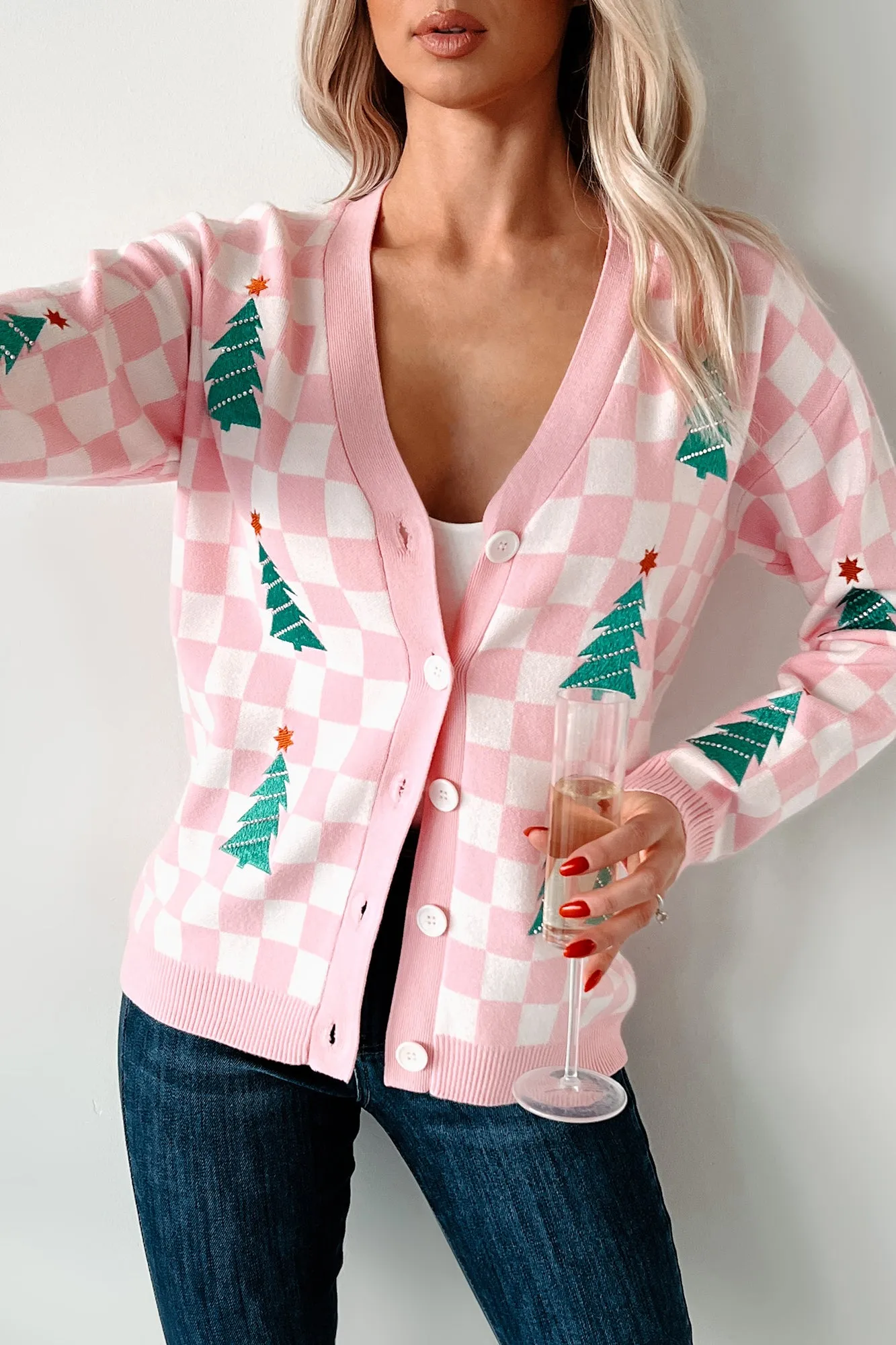 Some Christmas Sparkle Checkered Christmas Tree Cardigan (White/Pink)