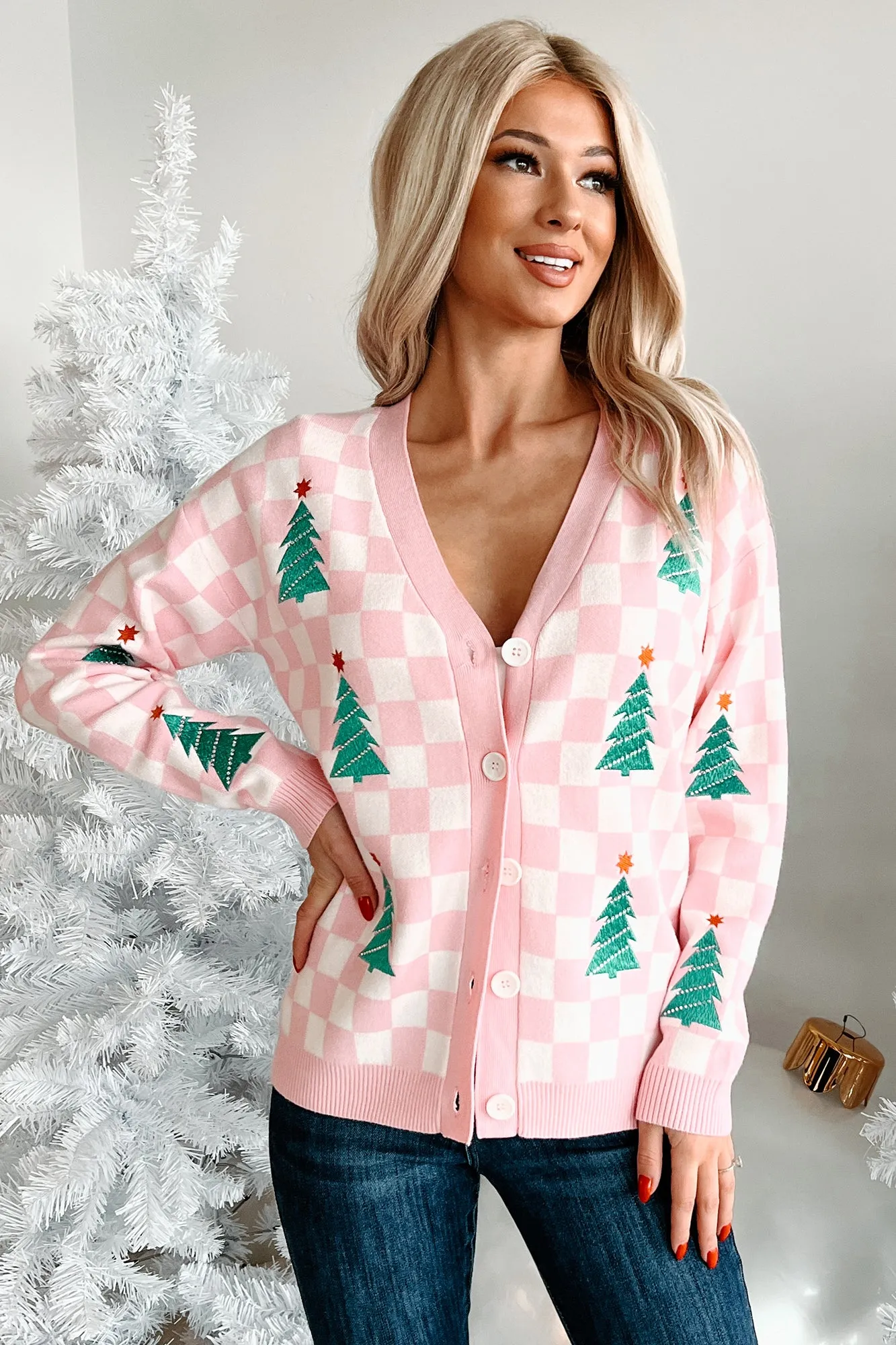 Some Christmas Sparkle Checkered Christmas Tree Cardigan (White/Pink)