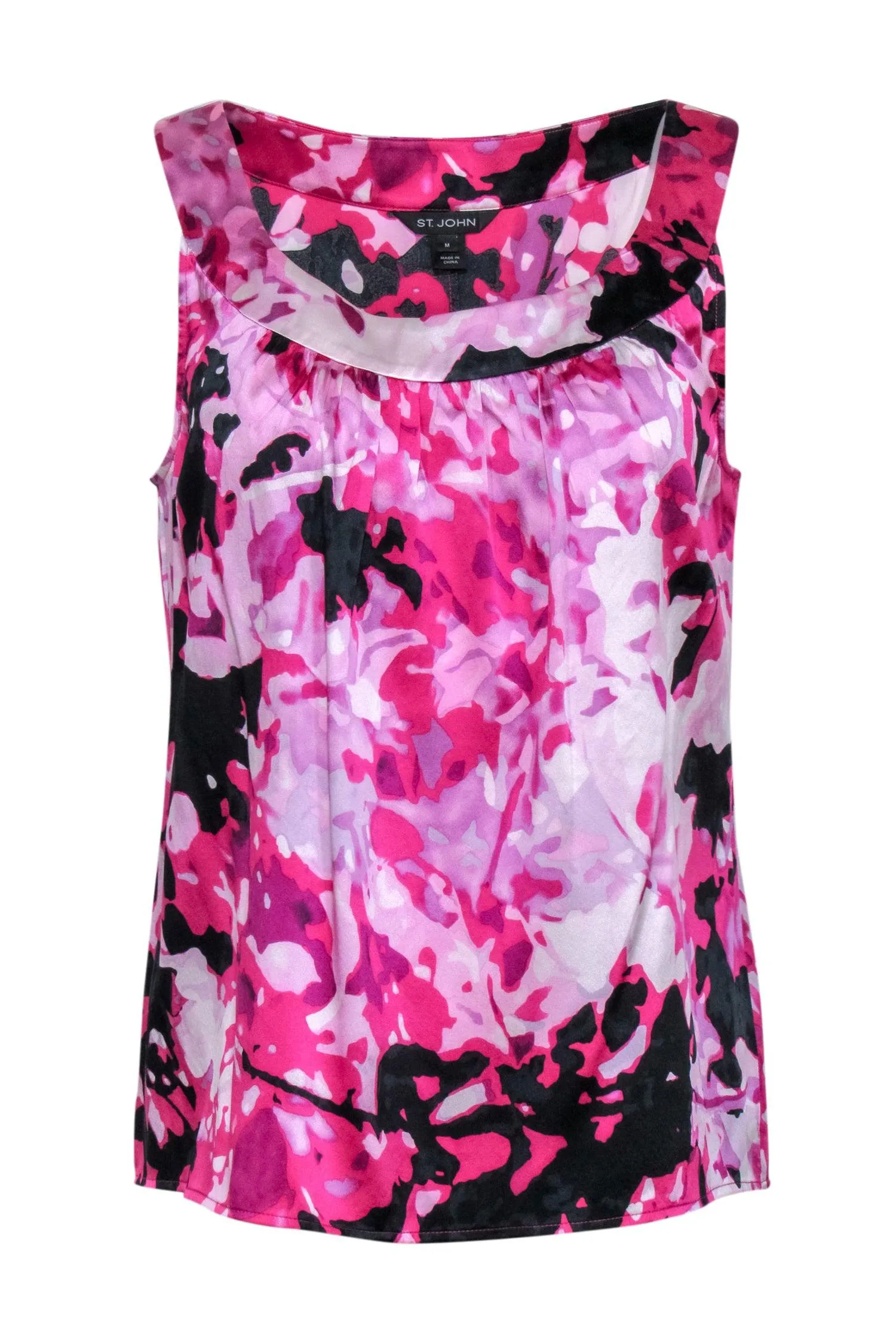 St. John - Pink & Black Floral Print Silk Blend Sleeveless Top Sz M