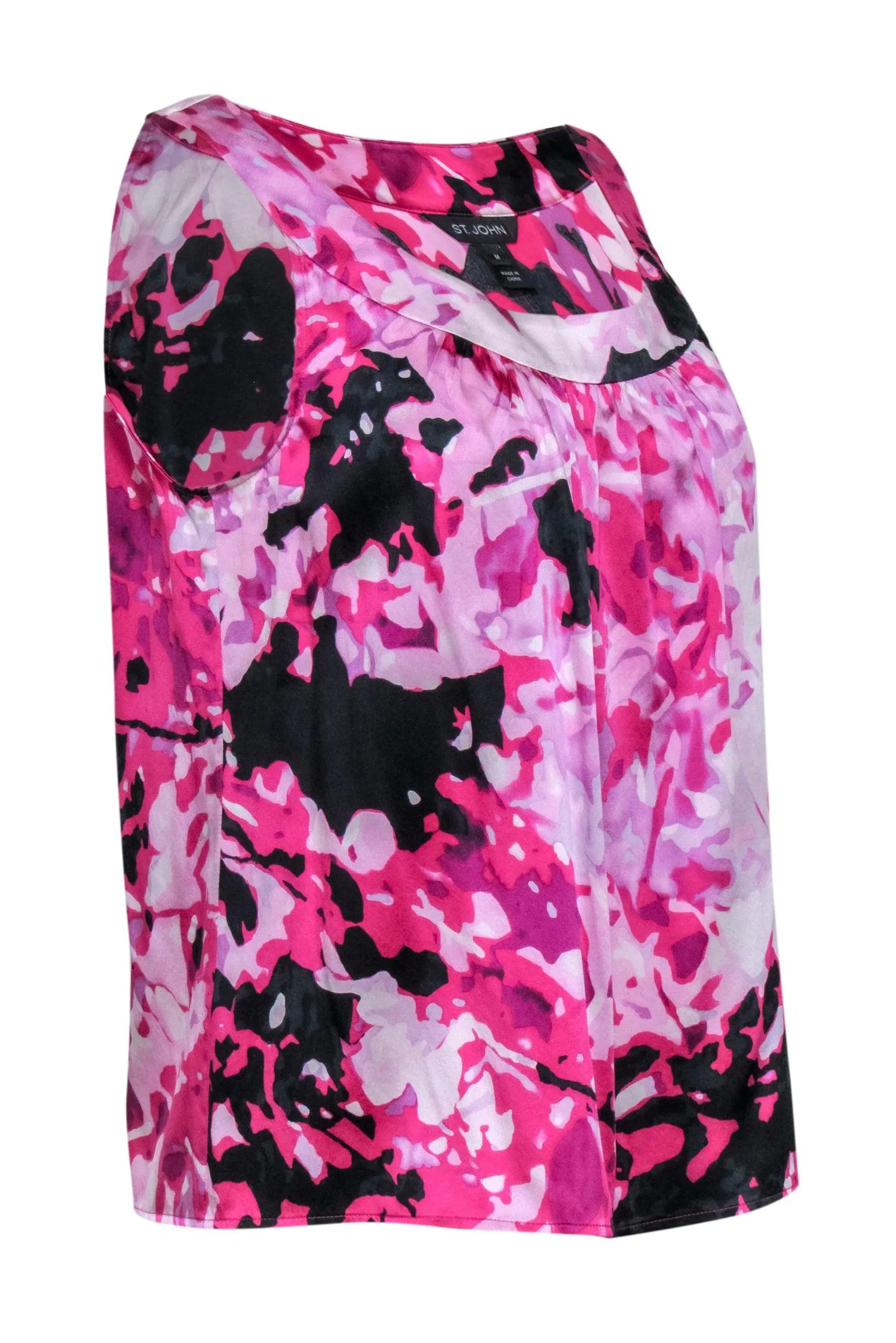 St. John - Pink & Black Floral Print Silk Blend Sleeveless Top Sz M