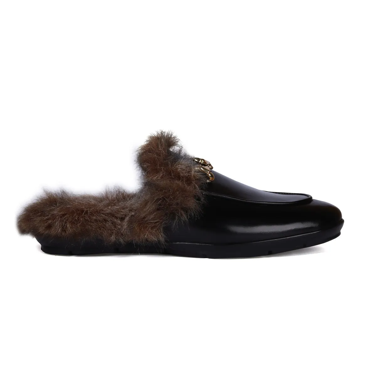 Summer Special Back Opening Furry Light Weight Black Leather Formal Mules