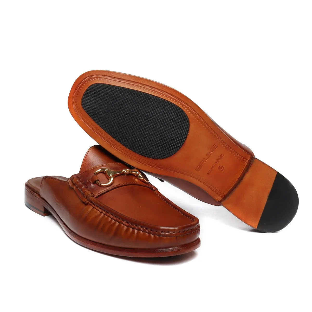 Tan Leather Horsebit Mules with Leather Sole by Brune & Bareskin