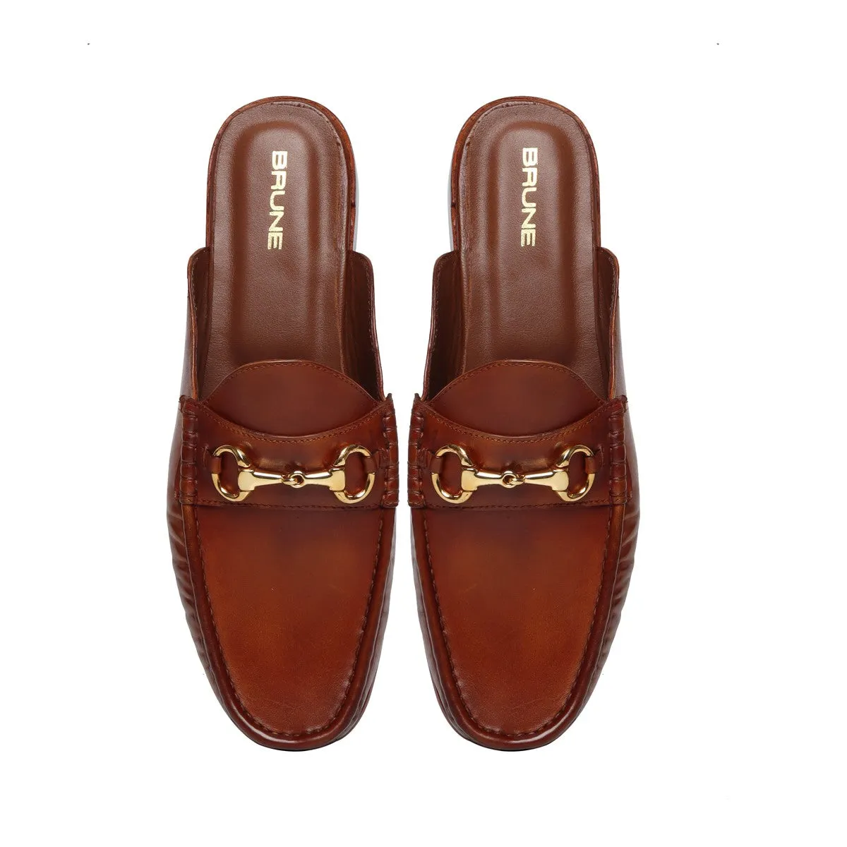 Tan Leather Horsebit Mules with Leather Sole by Brune & Bareskin