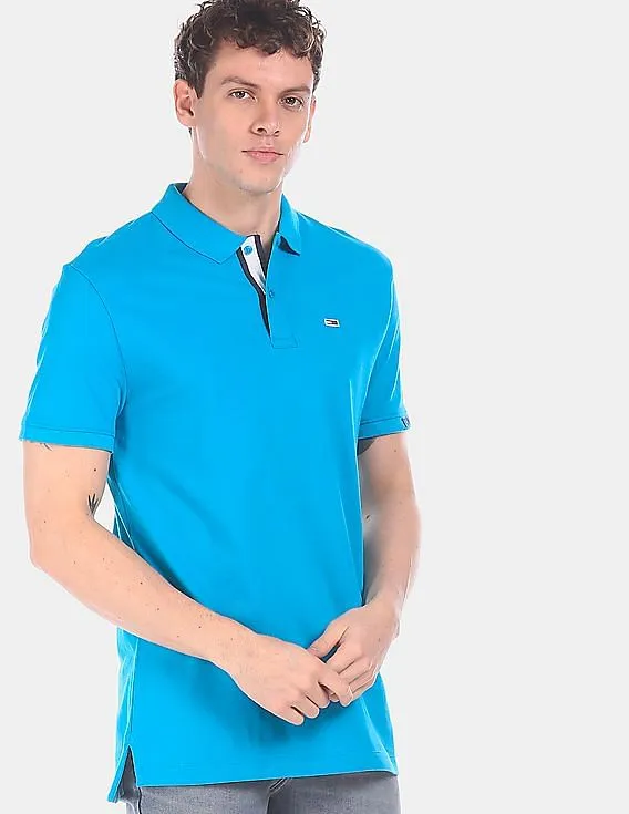 Tommy Hilfiger Men Blue Ribbed Polo Collar Solid Polo Shirt