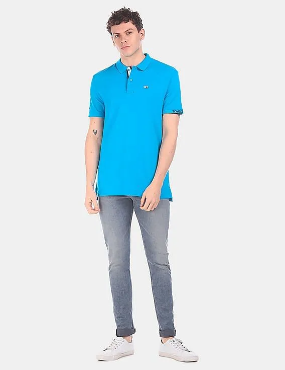 Tommy Hilfiger Men Blue Ribbed Polo Collar Solid Polo Shirt