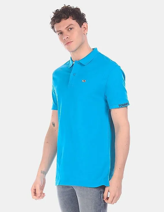 Tommy Hilfiger Men Blue Ribbed Polo Collar Solid Polo Shirt