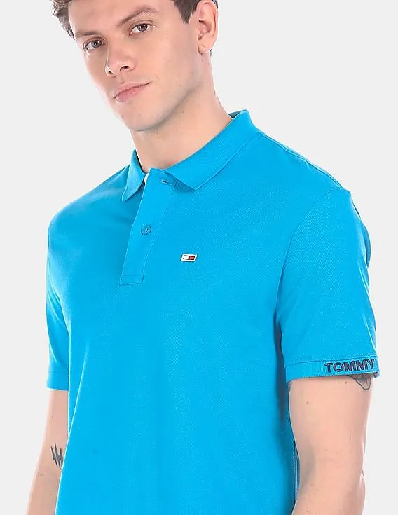 Tommy Hilfiger Men Blue Ribbed Polo Collar Solid Polo Shirt